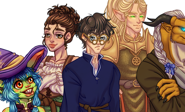 A party of D&D player characters including a goblin, two humans, an astral elf, and a dragonborn.