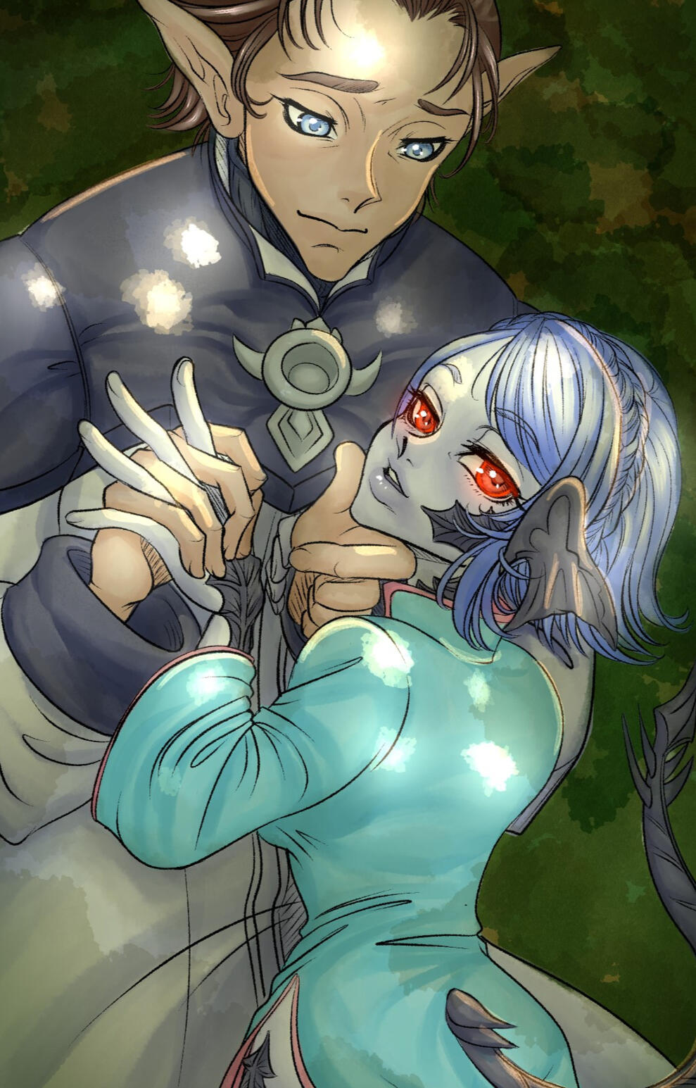 An Elezen and Aura from Final Fantasy 14 Online holding hands in dappled sunlight under leaves.